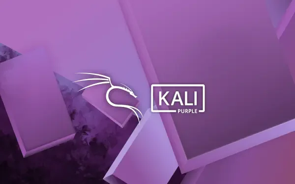 Purple 4K Ultra HD Kali Linux PC desktop wallpaper featuring the white stylized Kali logo and KALI Purple label over abstract geometric blocks and soft gradients.
