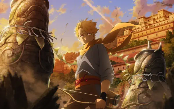 4K Ultra HD anime wallpaper: Yuru from Daemons of the Shadow Realm stands between towering daemon statues at sunset, a fortress city glowing behind him.