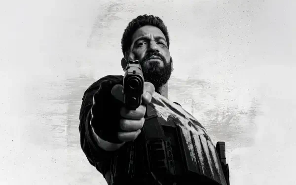 The Punisher: One Last Kill — grayscale 4K Ultra HD PC desktop wallpaper of the Punisher pointing a pistol at the viewer against a textured background.