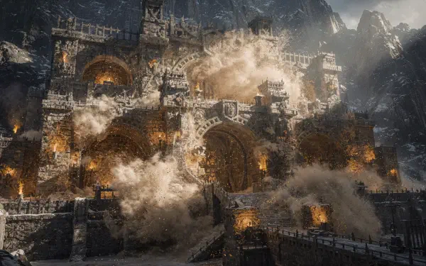 4K Ultra HD PC desktop wallpaper of a massive dwarven stronghold carved into a mountain, glowing forges and torches as explosions and dust engulf its stone gates.