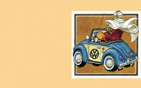 Retro anime Dragon Ball wallpaper: Gohan and Piccolo cruising in a blue Volkswagen Beetle convertible, 4K Ultra HD PC desktop background.
