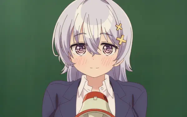 HD anime desktop wallpaper of Hiyori Hiwamura from Yowayowa Sensei: blushing silver‑haired schoolteacher in navy blazer holding a megaphone against a green chalkboard.