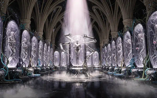 4K Ultra HD PC wallpaper: cathedral-like cloning facility with rows of illuminated pods holding humanoid clones, a central pod bathed in light and cables.