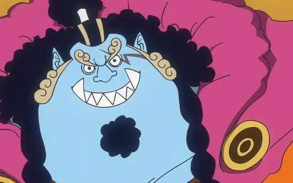 HD PC wallpaper of Jinbe (One Piece): close-up of the blue fish-man with a wide toothy grin, curly black hair and ornate robes against a vibrant pink-orange background.