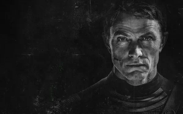 Grayscale close-up of Daredevil: Born Again, intense shadowed face with textured backdrop — 4K Ultra HD PC desktop wallpaper and background.