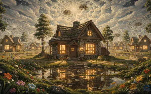 Cozy cottage at dusk by a reflective pond, glowing windows and flowered banks among nearby cottages — 4K Ultra HD PC Desktop Wallpaper and Background