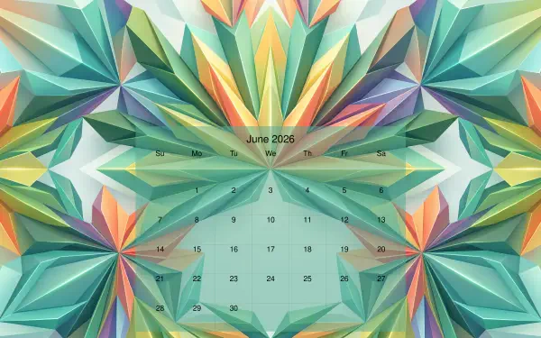 June 2026 calendar over a geometric origami-style starburst in teal, green, and coral — 5K Ultra HD PC desktop wallpaper/background.