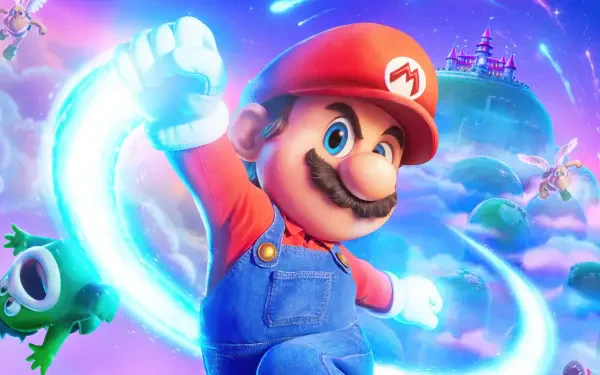 Vibrant 4K Ultra HD PC desktop wallpaper of Mario from The Super Mario Galaxy Movie, leaping through luminous starry clouds and cosmic rings toward a distant castle.