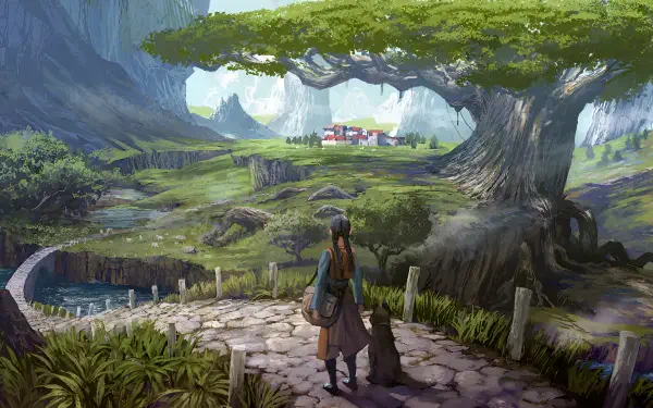 2K Quad HD digital painting landscape: a fantasy girl and dog stand on a stone path under a giant tree, overlooking a lush valley and distant town — PC desktop wallpaper.