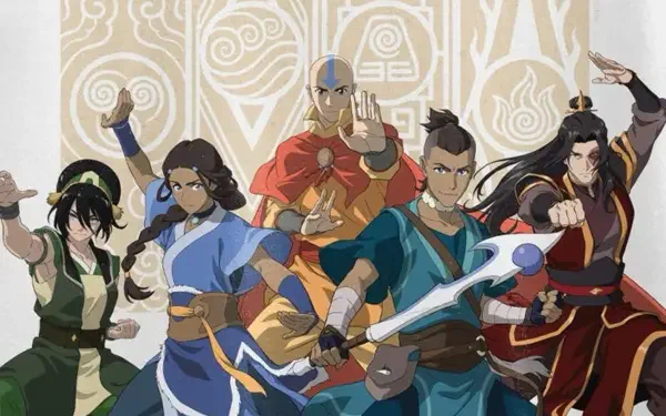 Avatar: The Last Airbender HD PC desktop wallpaper showing Toph, Katara, Aang, Sokka and Zuko posed ready for battle against a stylized elemental background.