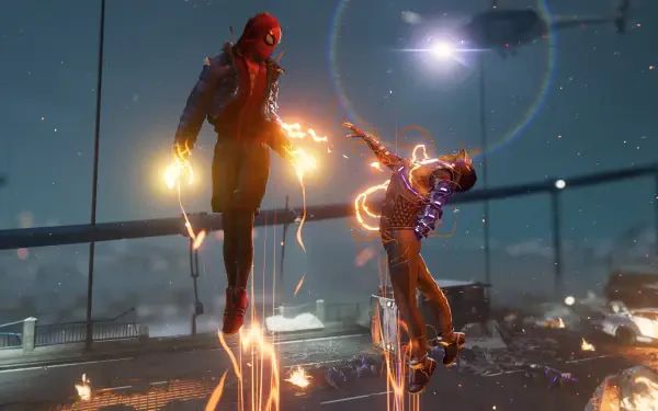 4K Ultra HD PC desktop wallpaper: Spider-Man PlayStation video game scene — Spider-Man mid-air on a rain-soaked bridge fighting an electrified foe, sparks and lens flare.
