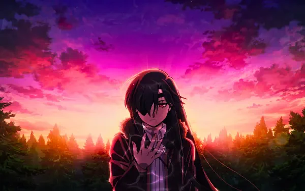 5K Ultra HD PC desktop wallpaper and background: Asa from Daemons of the Shadow Realm stands against a vibrant anime sunset, silhouetted forest and glowing clouds.