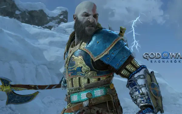 Kratos from God of War: Ragnarök in blue armor and a lightning-charged axe, standing against a snowy mountain backdrop — 4K Ultra HD PC desktop wallpaper/background