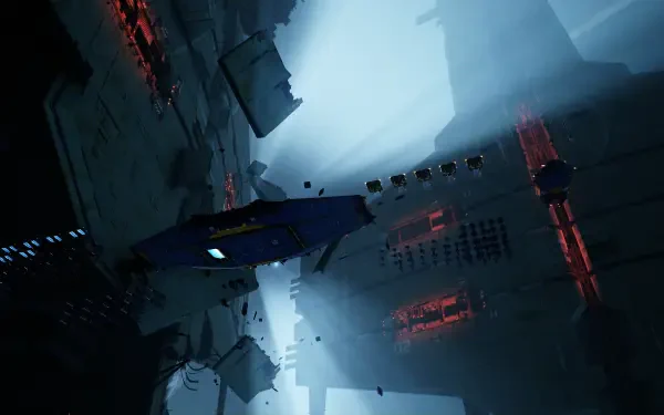 Homeworld video game 2K Quad HD PC desktop wallpaper: a lone blue starship navigates a cavernous, ruined space station lit by red panels and cold blue fog.