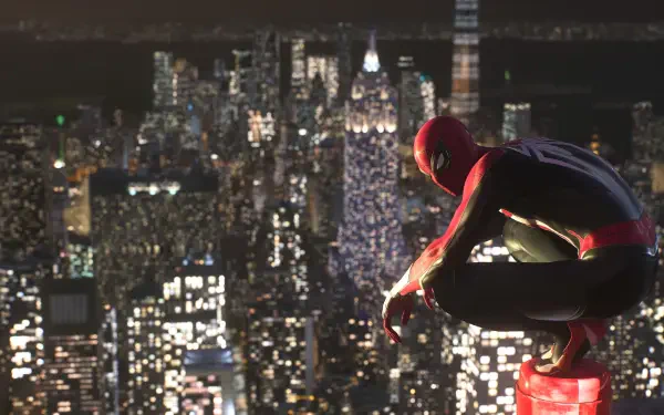 Spider-Man (PS4) perched on a rooftop, overlooking a sparkling nighttime New York skyline — 4K Ultra HD PC desktop wallpaper/background from the video game.