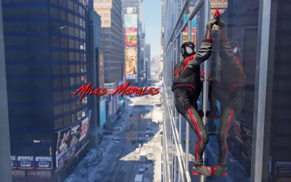 Miles Morales from Spider-Man (PS4) video game clings to a glass skyscraper above snowy city streets — 4K Ultra HD PC desktop wallpaper.
