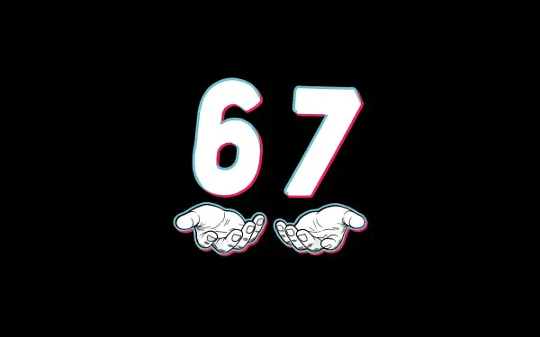 2K Quad HD PC wallpaper: meme-style white 67 with red/cyan glitch outline on a black background, two cartoon palms-up hands beneath.
