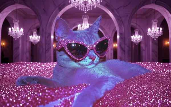 HD PC desktop wallpaper/background: pink glitter pool in a chandeliered ballroom with a lounging cat wearing sparkly Y2K sunglasses — funny, Y2K aesthetic.