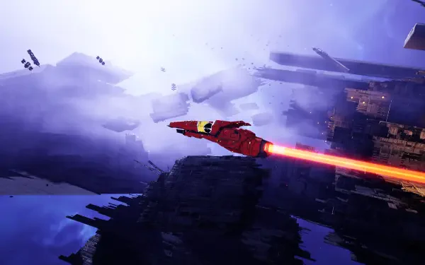 Homeworld video game scene: red spacecraft streaks over a shattered planet in deep purple space, glowing thruster trail — 2K Quad HD PC desktop wallpaper/background