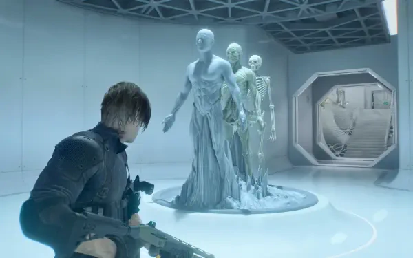 Resident Evil video game 4K Ultra HD PC desktop wallpaper: armed protagonist in dark gear aims at ghostly humanoid statues and skeletons inside a sterile, white futuristic chamber.