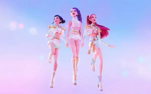 Three stylized KPop Demon Hunters in glittering stage outfits stride against a dreamy pastel sky — vivid, high-detail 8K Ultra HD PC desktop wallpaper and background.