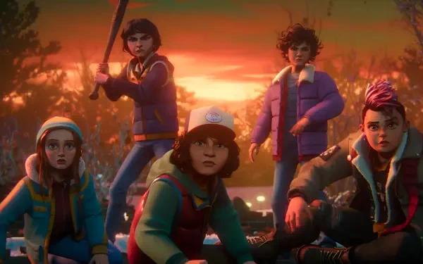 2K Quad HD PC desktop wallpaper/background for the TV show Stranger Things: Tales from '85 — five animated kids in retro coats poised in an orange twilight forest.
