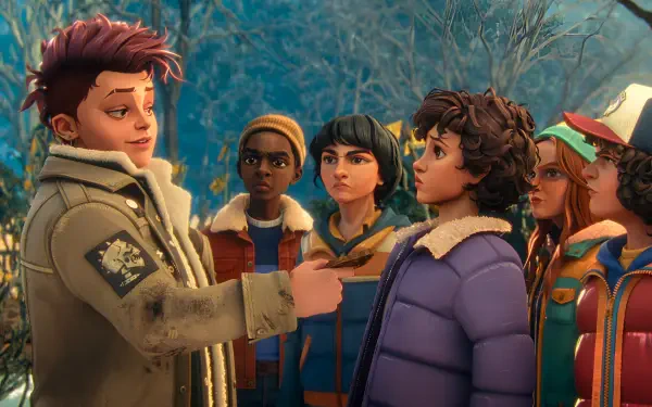 Six kids from the TV show Stranger Things: Tales from '85 stand in moonlit woods, expressive faces, rendered as a colorful 2K Quad HD PC desktop wallpaper background.