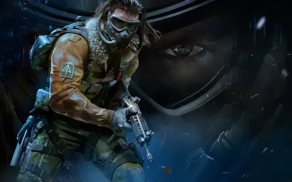 4K Ultra HD PC desktop wallpaper of a Call of Duty: Black Ops 7 soldier in a gas mask and tactical gear, rifle raised amid a dark, smoky battlefield with a looming masked visage.