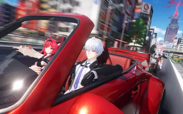 Anime-style scene from mobile game Neverness to Everness: two characters in a red convertible racing through a neon city, motion blur — 4K Ultra HD PC desktop wallpaper/background.