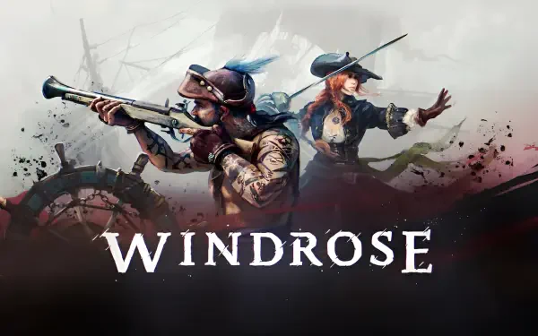 HD PC wallpaper for the video game Windrose: two back-to-back adventurers—an armored rifleman and a hat-wearing duelist—against a stormy, painterly sky with the Windrose logo.
