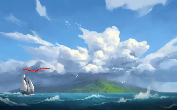 Windrose video game landscape painting: 2K Quad HD PC desktop background showing a lone sailboat with a red banner cutting teal waves toward a lush green island beneath towering cumulus clouds.