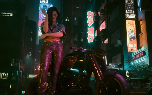 Video game character V from Cyberpunk 2077 — a cyberpunk girl leaning on a futuristic motorcycle in a neon city at night, glowing billboards behind her. 4K Ultra HD PC desktop wallpaper/background.