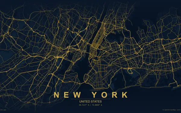 Stylized 2K Quad HD desktop wallpaper: neon yellow and blue street map of New York City, United States, with bold NEW YORK label.
