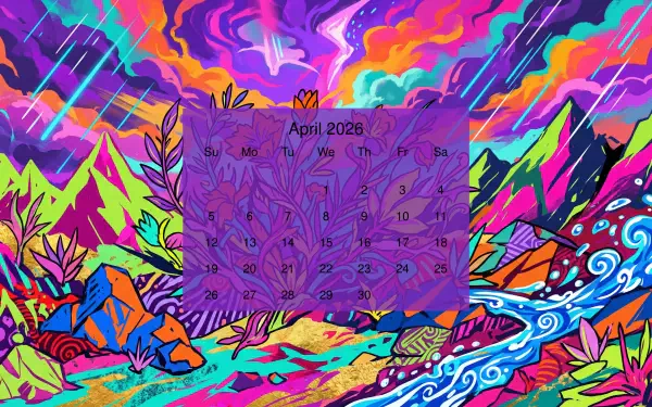 Vivid neon landscape with mountains, swirling river and rain; translucent purple April 2026 calendar centered. 5K Ultra HD PC desktop wallpaper and background.