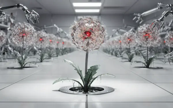 4K Ultra HD PC desktop wallpaper of a sterile lab filled with metallic, flower-like robots with glowing red cores — a cold evil corporation scene.