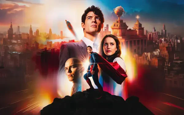 5K Ultra HD PC desktop wallpaper: cinematic Superman (2025) poster—hero stands on a rooftop with cape, two supporting figures and a glowing city skyline at sunrise.