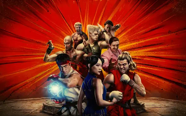 Street Fighter (2026) 2K Quad HD PC desktop wallpaper: fighters assemble against a radial red burst, lead characters posed and ready for battle.