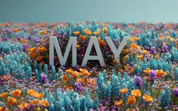 2K Quad HD PC desktop wallpaper: bold MAY letters rising from a vibrant wildflower field — turquoise foliage with orange and purple blooms, a cheerful hello may spring motif.
