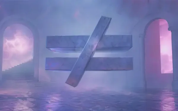 4K Ultra HD PC desktop wallpaper: a glowing not-equal sign floating over reflective water between misty archways in purple-pink haze — visual metaphor of inequality.