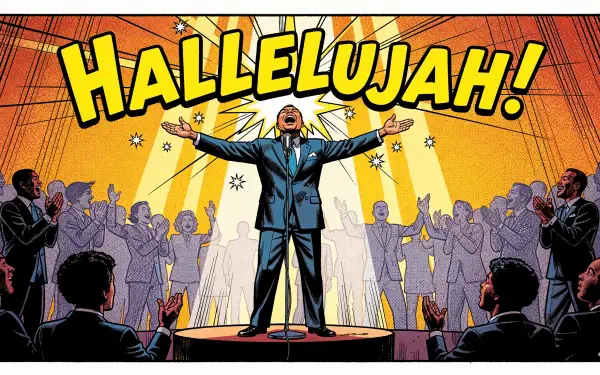 4K Ultra HD PC desktop wallpaper: comic-style heroic singer on a lit stage, choir and crowd applauding beneath giant HALLELUJAH! letters and radiant golden spotlights.
