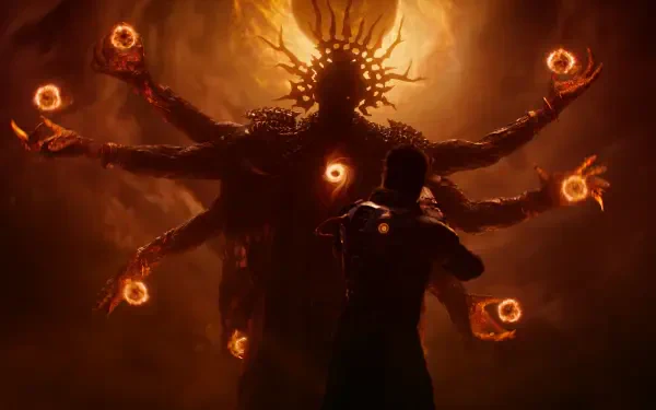 HD PC desktop wallpaper: Saros, a multi-armed video game demon looming with fiery orbs behind a silhouetted figure.