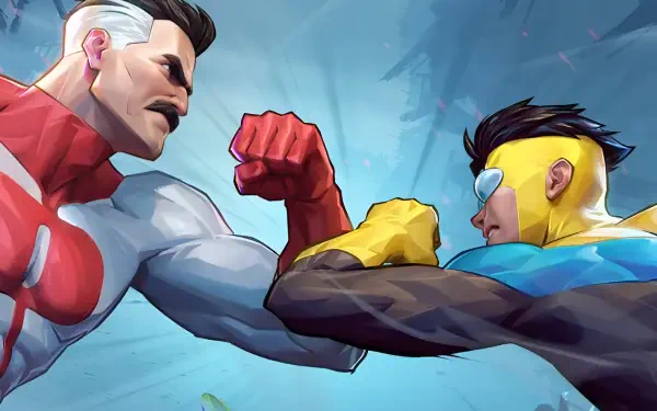 2K Quad HD PC wallpaper: video game-style face-off between Omni-Man and Mark Grayson (Invincible), fists colliding against a stormy blue sky.