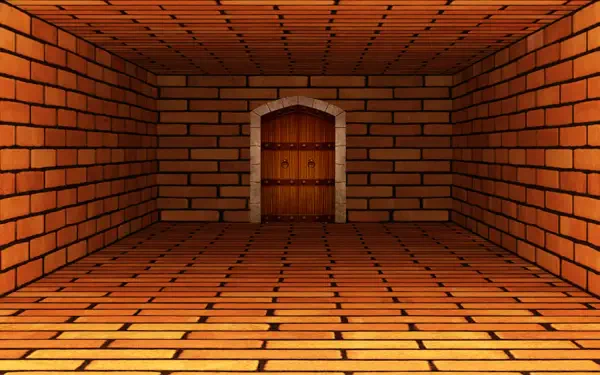 HD PC desktop wallpaper Tomodachi Life: Living the Dream — perspective of an orange brick room and tiled floor leading to a wooden arched door.
