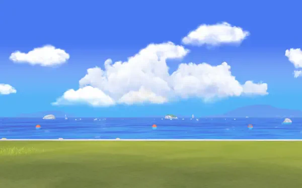 Tomodachi Life: Living the Dream HD PC desktop wallpaper — bright seaside vista with grassy foreground, calm blue ocean and fluffy clouds against a vivid sky.