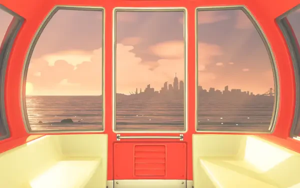 Tomodachi Life, Tomodachi Life: Living the Dream HD PC desktop wallpaper/background — warm sunset city skyline across the sea viewed from a cozy red cabin interior with cushioned benches.