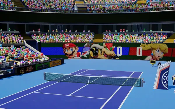 Mario Tennis / Mario Tennis Fever 2K Quad HD PC desktop background: vibrant blue tennis court with net, packed stands and oversized Mario, Bowser and Peach character banners.