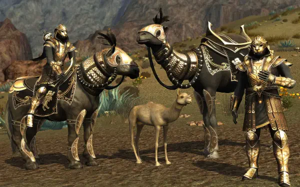 HD PC desktop wallpaper: game screenshot from The Lord of the Rings Online showing gold-armored riders with armored camels and a foal on a rocky plain.