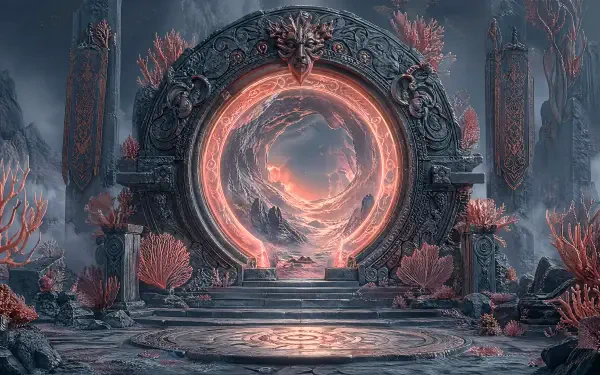 Fantasy portal glowing with swirling light inside an ancient stone arch, coral-like flora and ruined pillars in a moody landscape — 4K Ultra HD PC desktop wallpaper and background.