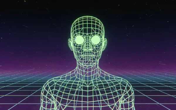 Soulless wireframe humanoid with glowing eyes against a retro grid and neon horizon — 4K Ultra HD PC desktop wallpaper.