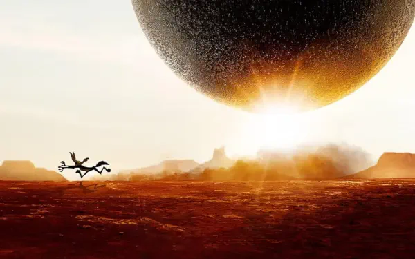 Coyote vs Acme 4K Ultra HD PC wallpaper: silhouetted Coyote sprinting across a red desert as a gigantic Acme boulder looms over a blazing sunrise.
